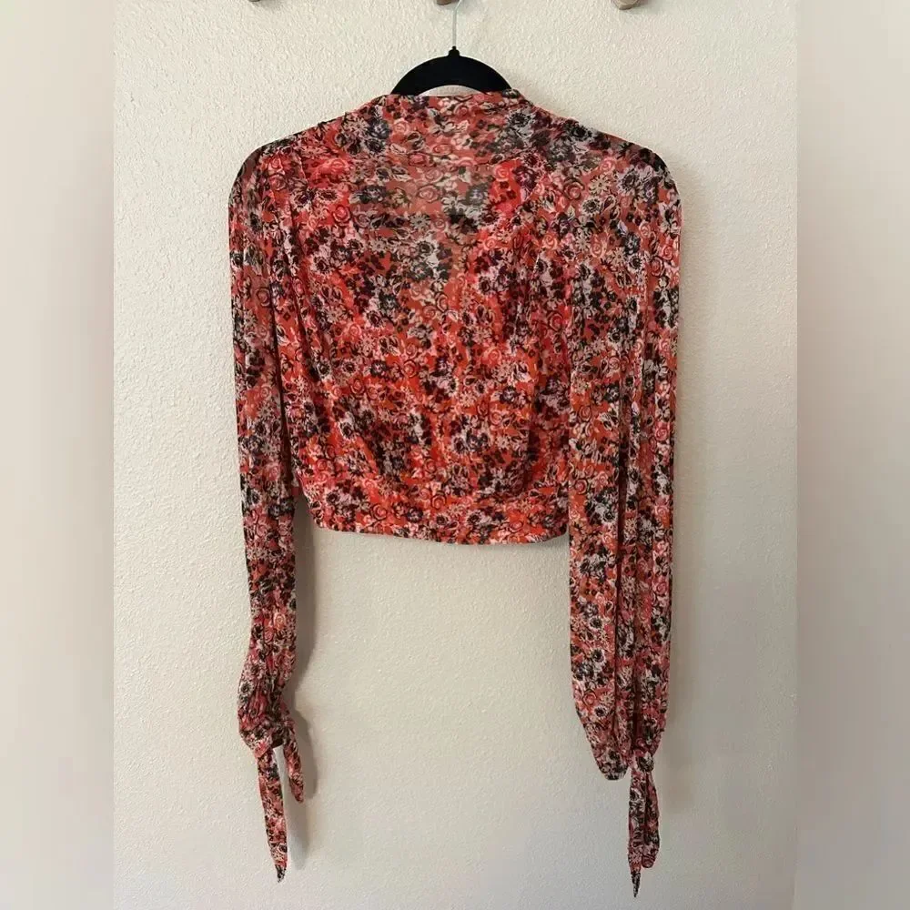 Free People All Dolled Up Mesh Floral Mock Neck Top Blouse Size XS Open Back